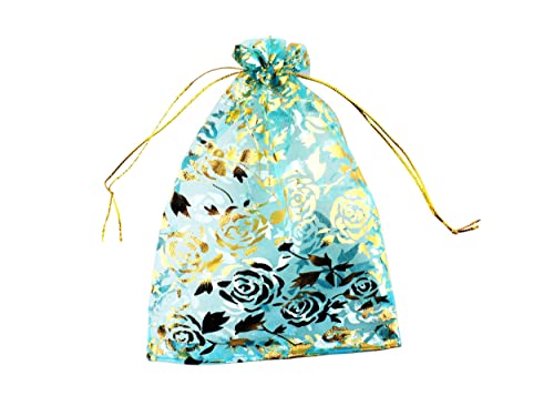 100 Pack 5 x 7 Inch Organza Jewelry Gift Pouch B381, Turquoise Flower - color: turquoise flower