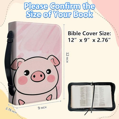 Bible Cover Case for Women, PU Leather Large Bible Cases with Zipper Fits Books Up to 12" x 9" x 2.76”, Bible Carrying Bag for Men, Cartoon Pink Pig - color: Cartoon Pink Pig