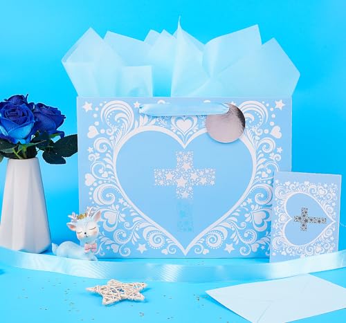 JWSCYSY 12.6" Large Blue Gift Bag with Metallic Silver Star Cross Design, Card and Tissue Paper for Baby Boy Baptisms, Christenings, First Communions Religious - color: Blue 12.6"