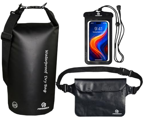 Freegrace Waterproof Dry Bag Set of 3 - Submersible Dry Sack with Double Zip Lock Seals - Includes Waist Pouch & Phone Case - Perfect for Kayaking, Swimming, Boating & Rafting (Black, 5L) - color: Black, size: 5L, style: Without Window