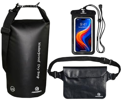 Freegrace Waterproof Dry Bag Set of 3 - Submersible Dry Sack with Double Zip Lock Seals - Includes Waist Pouch & Phone Case - Perfect for Kayaking, Swimming, Boating & Rafting (Black, 5L) - color: Black, size: 5L, style: Without Window