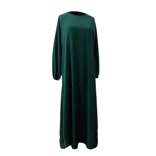 Muslim Dresses for Women Maxi Dress with Belt Long Sleeve Crew Neck Dress Long Casual Church Dress Prayer Clothes - color: Green, size: X-Large