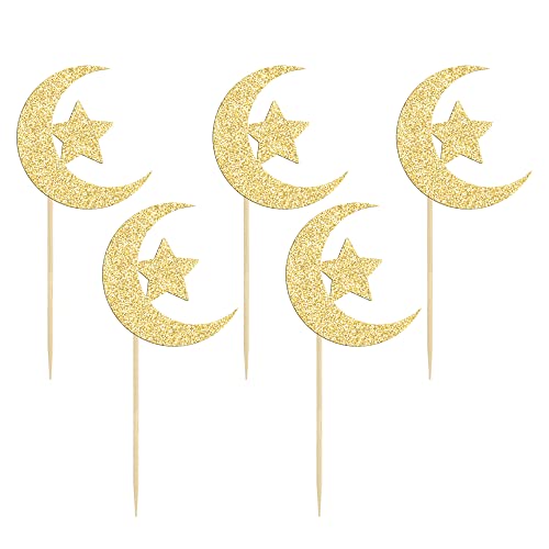 36 Pack Gold Glitter Moon and Star Eid Mubarak Cupcake Topper Ramadan Kareem Party Supplies Islamic Muslim Party Decorations - color: Gold-3