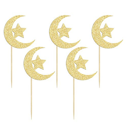 36 Pack Gold Glitter Moon and Star Eid Mubarak Cupcake Topper Ramadan Kareem Party Supplies Islamic Muslim Party Decorations - color: Gold-3