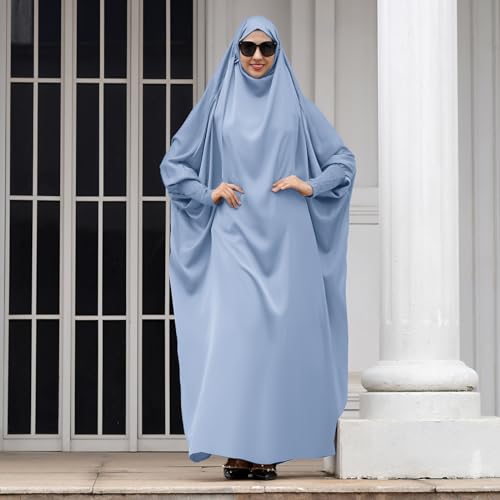 IKADEX Jilbab for Muslim Women Hooded Abaya Kaftan Dress Hijab Chador One-Piece Loose Fit Arabic Islamic Prayer Robe - color: Light Blue