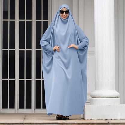 IKADEX Jilbab for Muslim Women Hooded Abaya Kaftan Dress Hijab Chador One-Piece Loose Fit Arabic Islamic Prayer Robe - color: Light Blue