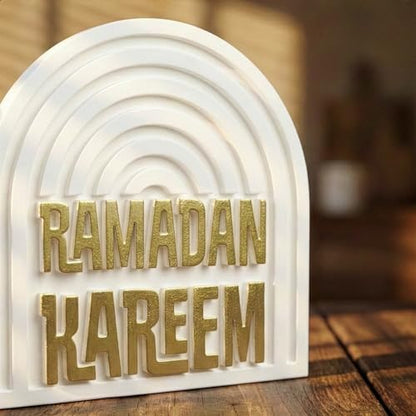 Ramadan Kareem Islamic Table Decor – Gold Edition Arabic Calligraphy for Home or Office – Unique Islamic Art Piece, Perfect for Eid, Ramadan, or Daily Inspiration – White Stone Powder Statue - style: Gold Ramadan Kareem