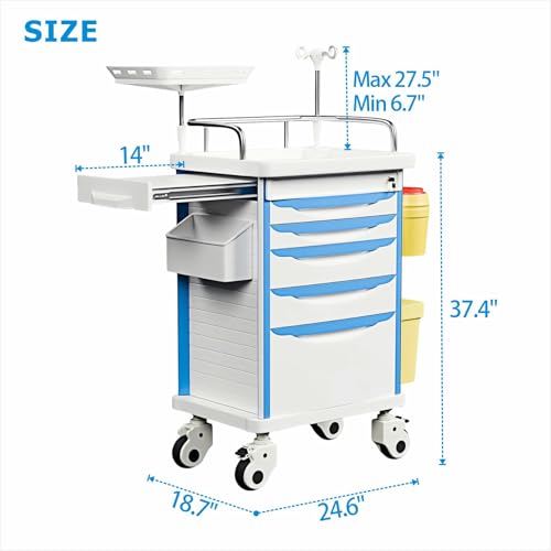 Crash Cart with Central Lock - Mobile Emergency Treatment Trolley with IV Pole, Cardiac Board, O₂ Tank Holder, Trash Bin & 5 Drawers for Clinics Nursing Center (Blue) - color: Blue
