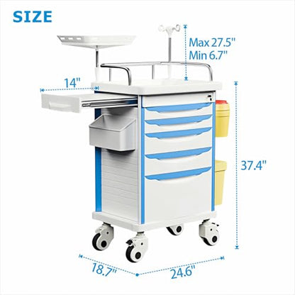 Crash Cart with Central Lock - Mobile Emergency Treatment Trolley with IV Pole, Cardiac Board, O₂ Tank Holder, Trash Bin & 5 Drawers for Clinics Nursing Center (Blue) - color: Blue
