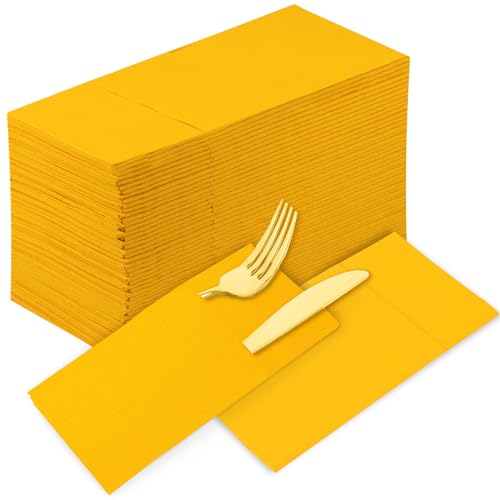 KAMMAK Dinner Napkins Disposable Cloth Like Paper Napkins with Pocket 100 Pack Orange-Yellow Wedding Napkins Reception Guest Hand Towels for Party, Decorative, Bathroom, Restaurant (16.5 x 16.5 inch) - color: Bright Yellow