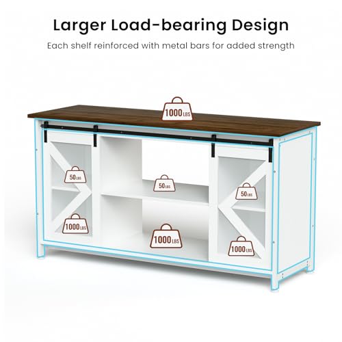 80 Gallon Fish Tank Stand with Power Outlet, Heavy Duty Aquarium Stand with Accessories Storage Cabinet and Sliding Barn Door - Metal Fish Tank Stand for Turtle, Reptile, for 2 Tanks, White+ Walnut