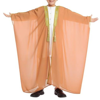 Toddler Boys Muslim Arabic Thobe Long Sleeve Embroidered Islamic Kaftan Teens Middle East Prayer Dress Ramadan Eid Clothes - color: Orange, size: 1-2T