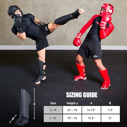 Elite Sports Muay Thai 정강이 보호대 킥복싱 MMA 무에타이 다리 발등 보호 패드, BJJ 가라데 복싱 태권도용 무술 발로 스파링 훈련 장비 - color: 단색 블랙., size: LXL