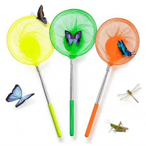Telescopic Butterfly Net 3 Pack, 32-Inch Stainless Steel Handle | 3 assorted-color nets with 32-inch stainless steel telescopic handles for garden observation, pond sampling and small fish