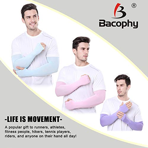 Bacophy 3 Pairs Arm Sleeves with Thumb Holes Women Men UV Protection Cooling, UPF 50 Compression Long Arm Cover - color: 3-pairs Blue+pink+purple