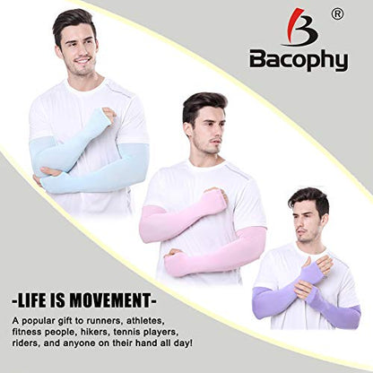 Bacophy 3 Pairs Arm Sleeves with Thumb Holes Women Men UV Protection Cooling, UPF 50 Compression Long Arm Cover - color: 3-pairs Blue+pink+purple