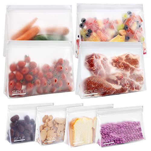 SPLF 8 Pack Dishwasher Safe Reusable Storage Bags (4 Half Gallon Freezer Bags, 4 Quart Sandwich Snack Bags), BPA FREE Stand Up Extra Thick Leakproof Silicone and Plastic Free Zipper Lunch Food Bags | 4 Half Gallon Freezer Bags, 4 Quart Sandwich Snack Bags