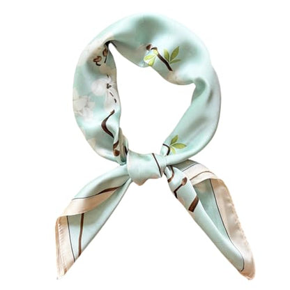FONYVE Silk Feeling Scarf Medium Square Satin Head Scarf for Women 27.5 × 27.5 inches - color: 03 Light Green Floral