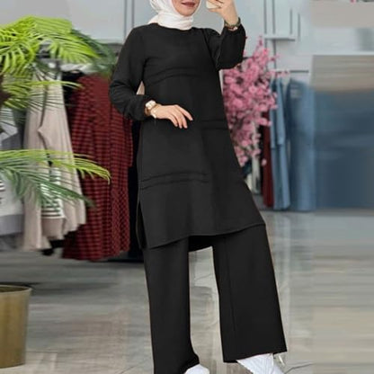 Muslim Outfits For Women 2 Piece Sets Long Sleeve Loose Tops Wide Leg Pants Suits Plus Size Outfit Prayer Clothes - color: Black, size: Medium