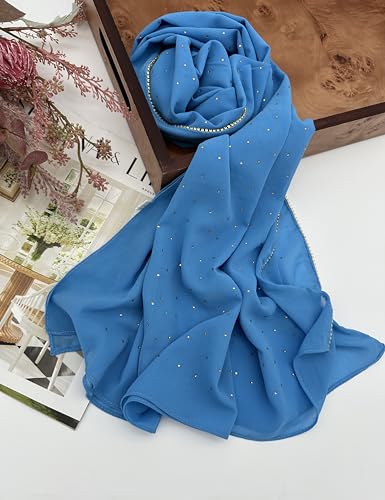 Hijab for Women Premium Chiffon Hijab Rhinestone Hijab Scraf for Women Muslim - color: French Blue
