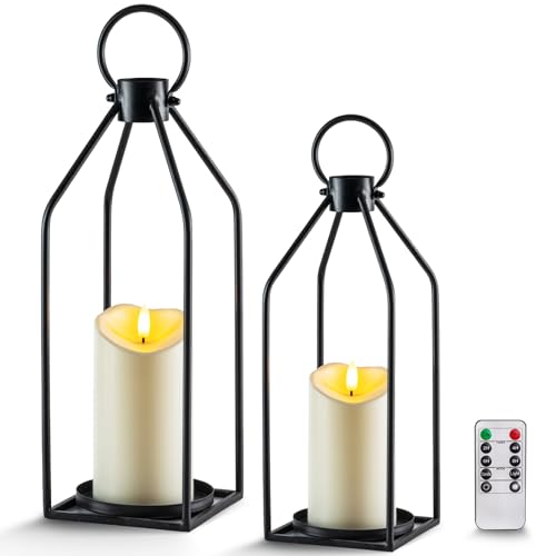 Homemory Modern Farmhouse Lantern Decor with Waterproof Flameless Candle & Remote Timer, 2PCS Black Metal Candle Lantern Decorative for Outdoor Indoor Home Living Room Patio Porch Table - color: Black