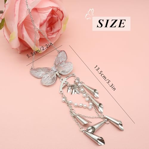 ORIESSE Butterfly Car Decor,Cute Hanging Car Charms for Rear View Mirror,Silver Butterfly Wind Chime Dangling Aesthetic Ornament Pendant for Women