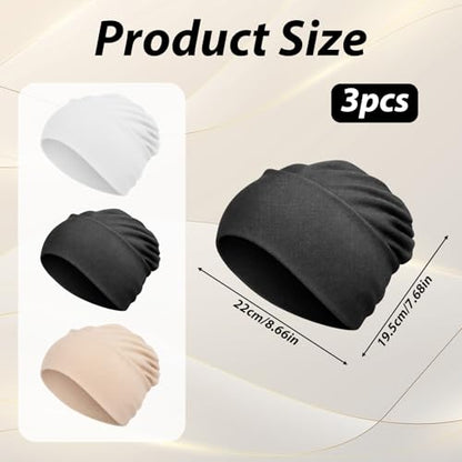 3 Pcs Women Hijab Undercap, Non Slip Hijab Cap, Solid Color Undercap Under Scarf for Women (Black, White, Khaki)