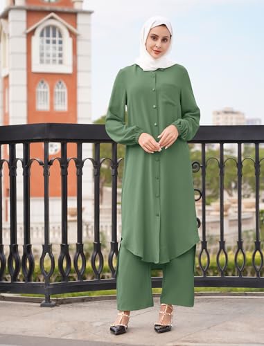 Muslim Clothes for Women 2 Piece Set Long Sleeve Button Down Shirt and Pants Ramadan Abaya Dress Islamic Dubai Outfits - color: Green, size: Medium