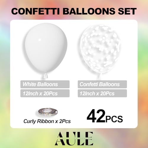 AULE Party Balloons Pack of 42-12in White Confetti Balloons & White Latex Balloons and 64ft Ribbons - 12 Inches Balloons Decorations Set - color: White