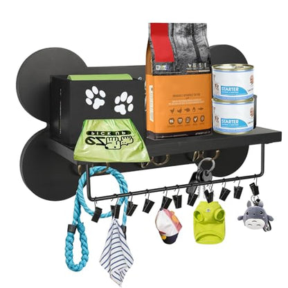 Wood Dog Leash Holder for Wall, Key Hangers with 3 Double Key Holder for Wall, Dog Stuff Organizer and Doggie Bone Key Hooks Wall Mount for Entryway, Farmhouse Treats, Black
