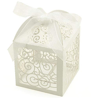 KPOSIYA 100 Pack Wedding Favor Boxes Laser Cut Boxes Party Favor Box Small Gift Boxes Lace Candy Boxes for Wedding Bridal Shower Baby Shower Birthday Party Anniverary with Ribbons (White, 100) - color: White 100