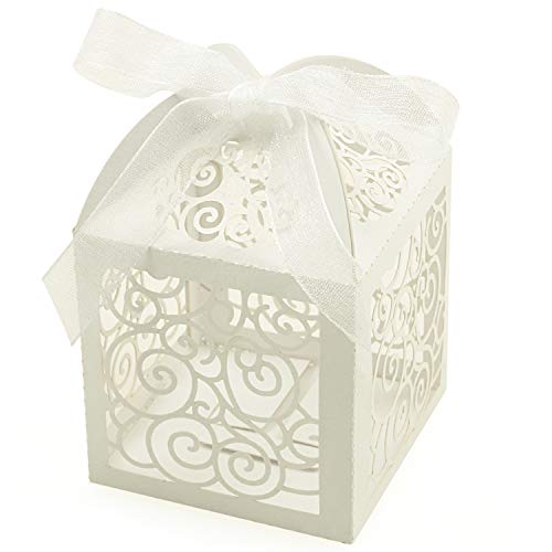 KPOSIYA 100 Pack Wedding Favor Boxes Laser Cut Boxes Party Favor Box Small Gift Boxes Lace Candy Boxes for Wedding Bridal Shower Baby Shower Birthday Party Anniverary with Ribbons (White, 100) - color: White 100