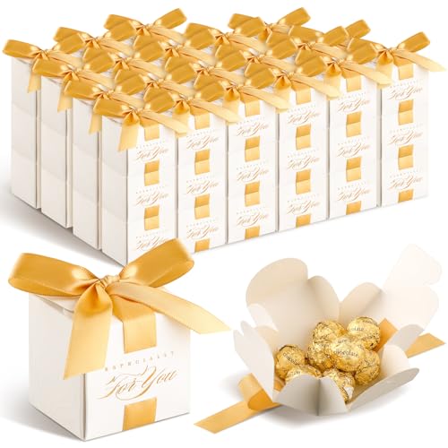 Zhanmai 60 Pcs Wedding Favor Boxes 2.5 x 2.5 x 2.5 Inch Mini Small Gift Boxes Candy with Ribbon Wedding Souvenirs for Guests Thank for You Gift Bridal Shower Party Favor(Gold) - color: white