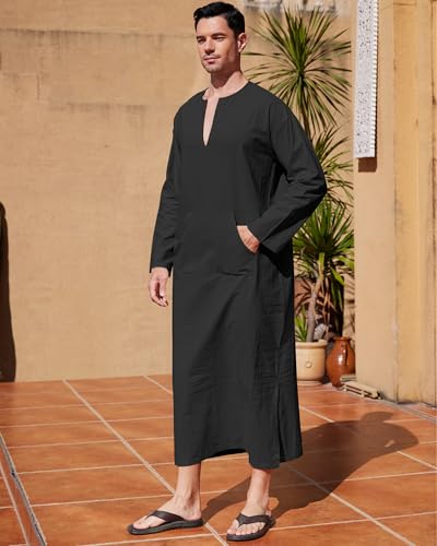 YAOHUOLE Men's Kaftan Thobe Long Sleeve Men Thobe Robe Side Split Men Thobe with Pockets Casual Thobe - color: Black-long Sleeve, size: 3X-Large