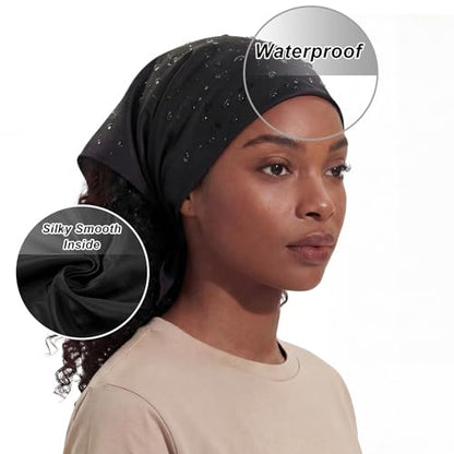 Cuffbow 2 Pcs Satin Lined Bandana Waterproof Head Scarf Non-Slip Hair Scarf Large Triangle Waterproof Rain Headband for Women Black
