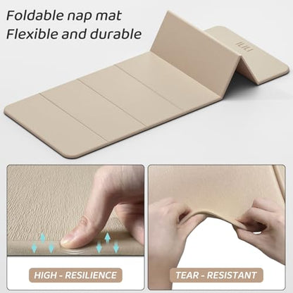 ILILI Foldable Yoga Mat 71 * 24 * 0.3 Inch | Lightweight TPE Non Slip Exercise Mat, Waterproof Portable Fitness Mat for Home Gym, Pilates, Stretching & Daily Workouts - color: Beige