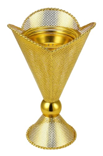 Decorative Gold Metal Incense Burner – Traditional Bakhoor Holder for Home, Ramadan & Eid Décor, Islamic Gift, Ornamental Cone-Shaped Mabkhara Stand, 5 x 5 x 9 in