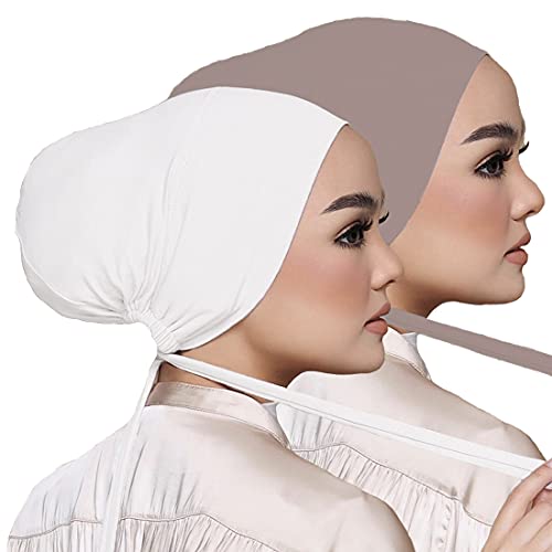 Women Under Scarf Hat Hijab Undercap Islamic Muslim Under Scarf Hijab Cap with Tie-Back Closure - color: White+light Khaki(2pcs)