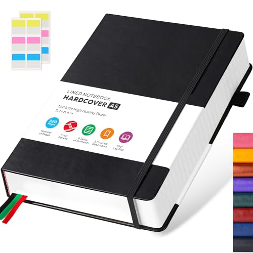Hardcover Lined Notebook Journal for Writing, 320 Pages Leather Thick College Ruled Notebook Journal with 100GSM Paper, A5 (5.7'' X 8.4'') Daily Journal for Women Men Work Organization, Black - color: 2.Black, size: A5