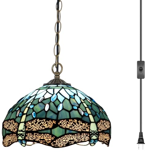 Tiffany Pendant Lamp Plug in 12 inches Stained Glass Hanging Light - color: Sea Blue Dragonfly