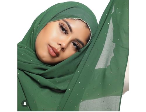 Hijab for Women Premium Chiffon Hijab Rhinestone Hijab Scraf for Women Muslim - color: Dark Green