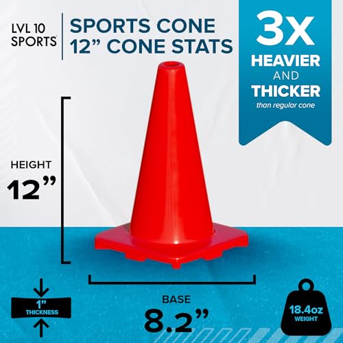 LVL10 Pro Training Cones - 12" Large Soccer Cones for Sports Training - for Basketball, Football, Basketball and Agility Drills - Soccer Field Markers that Won't Crack, Slide or Fly - style: 12 Cones with Stickers