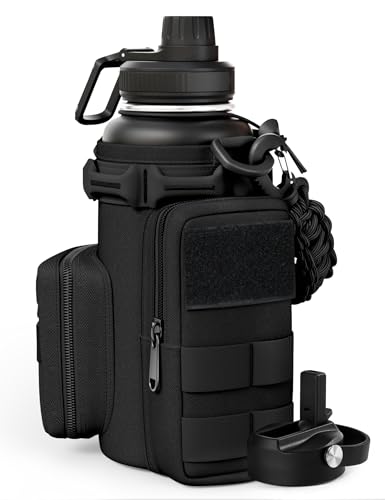 Tactical Water Bottle with Straw, 32 Oz Insulated Water Jug with Molle Water Bottle Holder, Stainless Steel Sport Bottle with 2 BPA Free Lids for Gym Workout Hiking (32oz-Black) - color: 32oz-Black