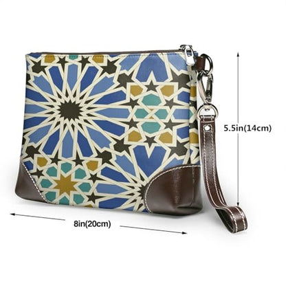 Leather Clutch Purse for Women, Large Capacity Wristlet Wallet with Removable Strap, Zip Handbag - color: Geometric Islamic Art