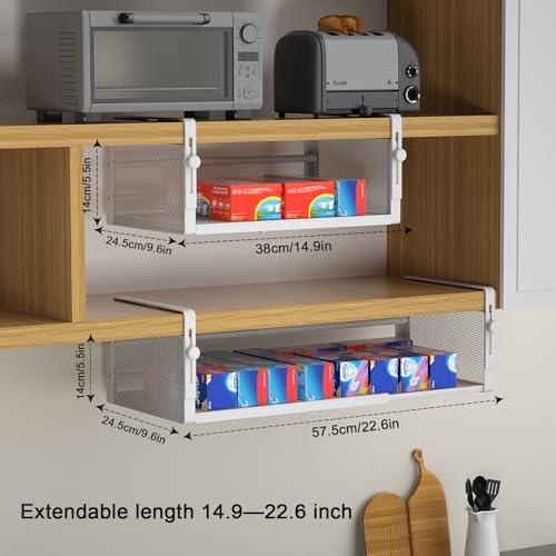 AmonHouseware 2Pack Expandable Under Shelf Storage Basket Organizer, White | Adjustable Hanging,Length Stretchable14.9-22.6Inch,Under Cabinet Shelf for Laundry Room Kitchen Pantry Desk Counter Cupboard - color: White