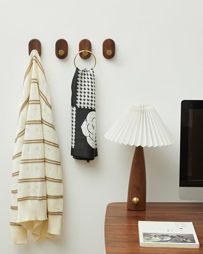 Wood Coat Hooks Wall Mount - Modern Walnut Coat Hook with Bronze Accent for Hanging Clothes,Keys,Purse,Robes,Towel,Backpacks, Single Brass Wall Hooks Heavy Duty for Entryway, Closet, Bathroom (4 Pack) - style: 4 Pack