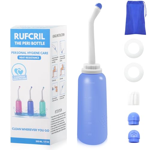 Peri Bottle Postpartum, RUFCRIL 500ml Bidet Bottle, Upside Down Peri Bottle, Boilable TPE, Travel Bag, for Perineal Care, Hemorrhoid Care, Feminine Cleansing & Baby (Blue) - color: Blue