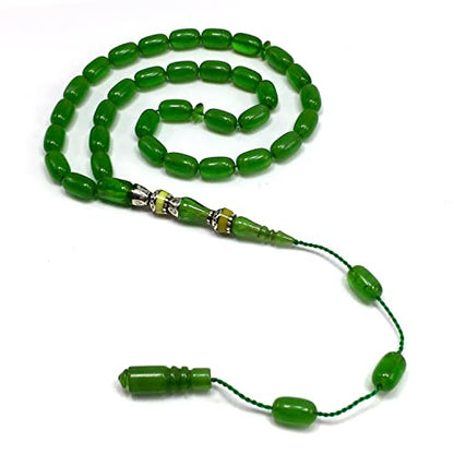EXCLUSIVE COLLECTION -Handmade Silver Engraved Bakelite Tesbih, Tasbih, Islamic Rosary, Islamic Prayer Beads, Misbaha (6x11 mm 33 Lime Green Beads) - color: 6x11 mm 33 Lime Green Beads