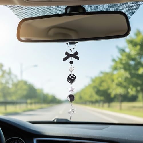 Black Bow Car Mirror Chain Y2k 8 Ball Star Beaded Hanging Charm | Y2k Aesthetic Hanging Charm With 8 Ball And Star Pendant. Beaded Car Rearview Mirror Chain. Cute Car Interior Decor - style: Star