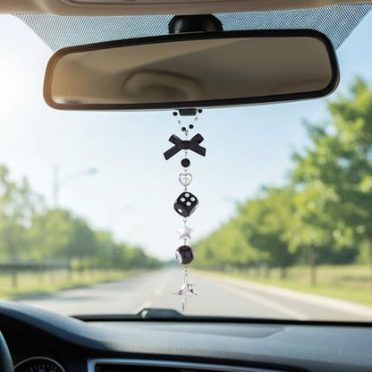 Black Bow Car Mirror Chain Y2k 8 Ball Star Beaded Hanging Charm | Y2k Aesthetic Hanging Charm With 8 Ball And Star Pendant. Beaded Car Rearview Mirror Chain. Cute Car Interior Decor - style: Star
